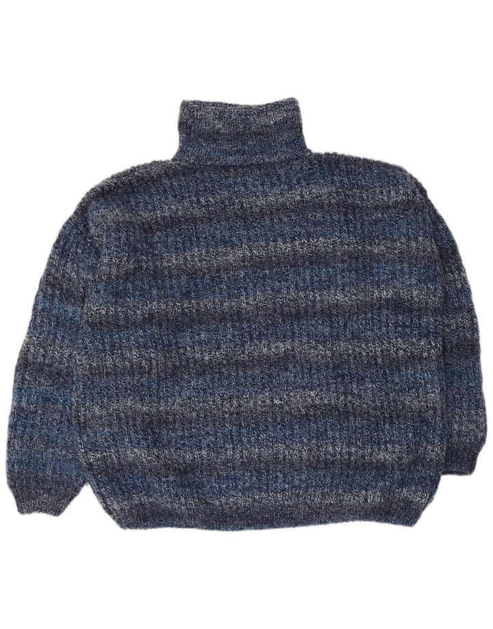 Vintage męski sweter o luźnym kroju z wywijanym dekoltem, w średnie niebieskie paski
