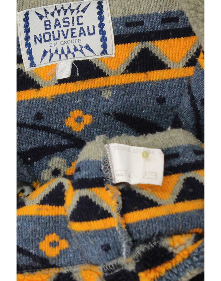 Męski vintage sweter z guzikami przy szyi, polar, rozmiar L, szary, geometryczny, poliester