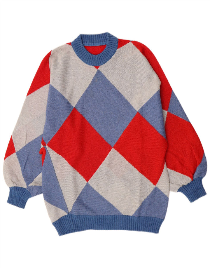 Vintage męski sweter z wycięciem pod szyją, mały, wielobarwny Argyle/diament