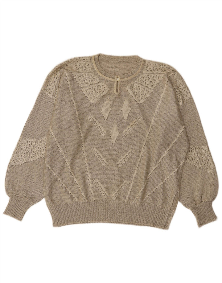 Sweter damski w stylu vintage, zapinany na guziki, UK 14, duży, szary, geometryczny