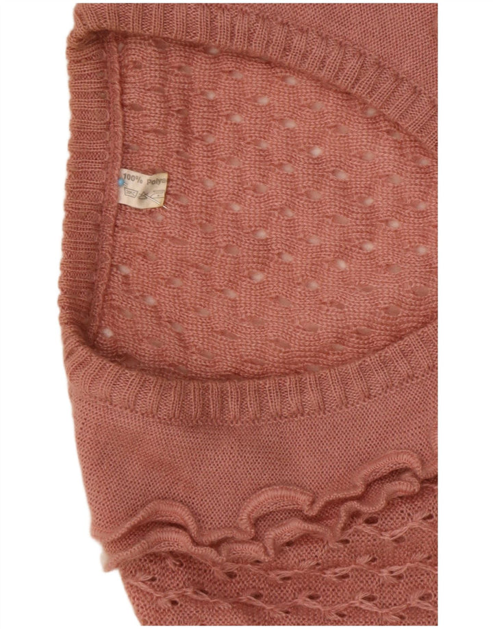 Vintage damski sweter z falbaną z przodu i dekoltem w szpic IT 44 średni róż