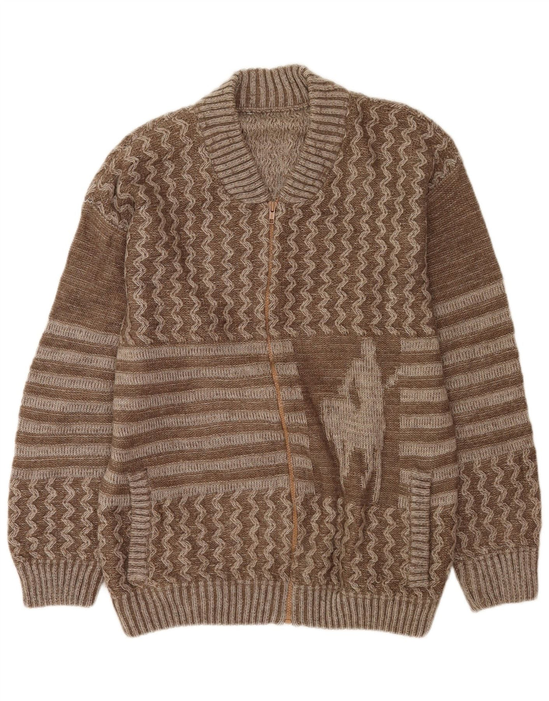 Vintage męski sweter z grafiką, duży brązowy patchworkowy wełniany