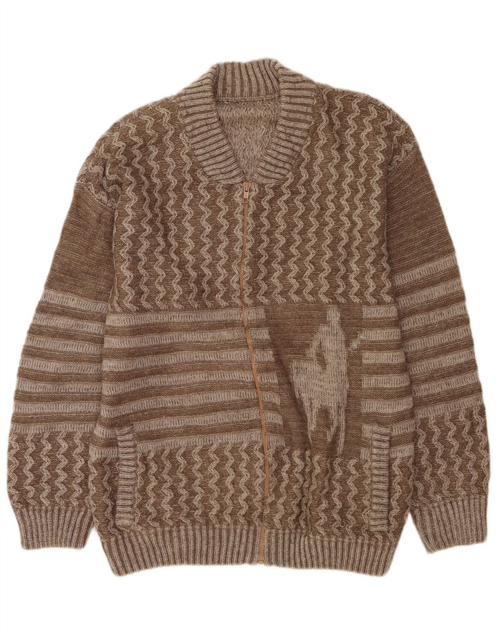 Vintage męski sweter z grafiką, duży brązowy patchworkowy wełniany