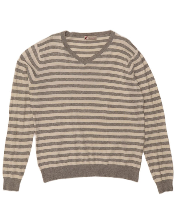 Męski sweter Zara z dekoltem w kształcie litery V, duży, bawełniany, w szare paski