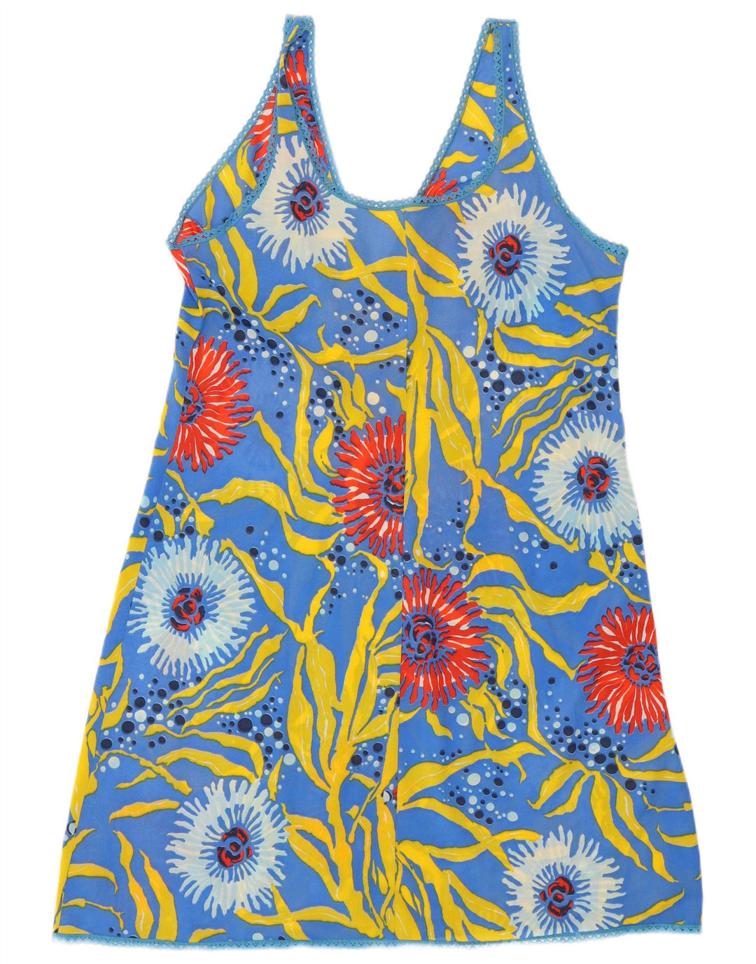 Damska sukienka na ramiączkach w stylu VINTAGE w abstrakcyjny wzór UK 12 Średni niebieski