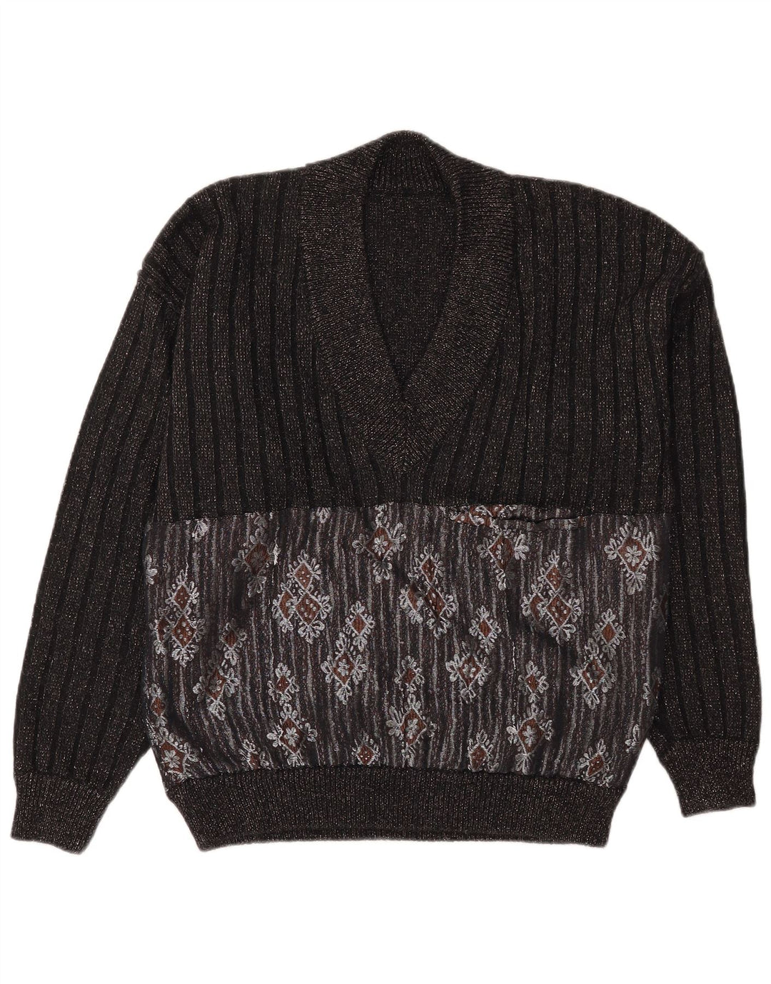 Vintage męski sweter z dekoltem w szpic, duży czarny Fair Isle