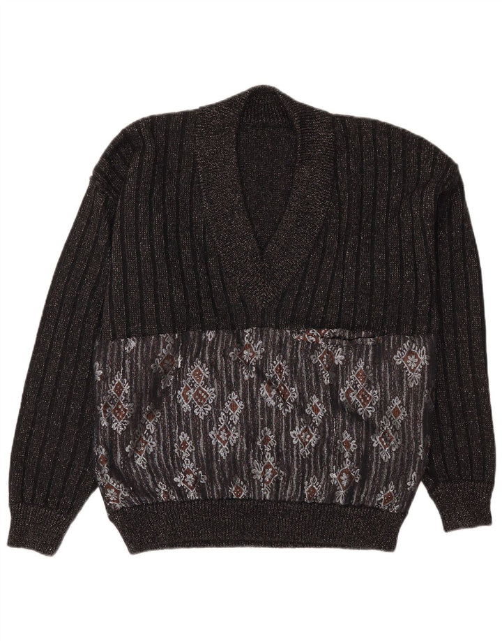 Vintage męski sweter z dekoltem w szpic, duży czarny Fair Isle