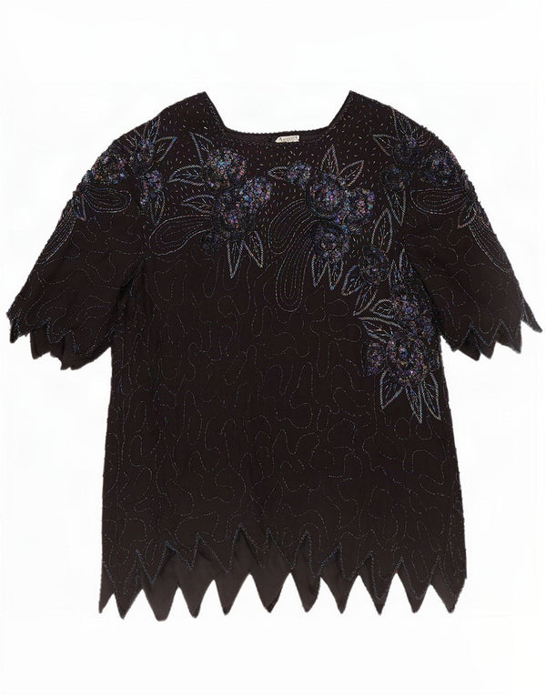 Damska bluzka wieczorowa w stylu vintage, UK 18 XL, czarny kwiatowy jedwab