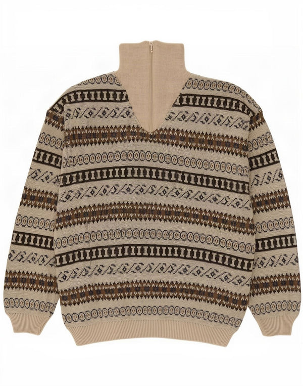 Vintage męski sweter z zamkiem błyskawicznym IT 54 XL beżowy geometryczny akryl