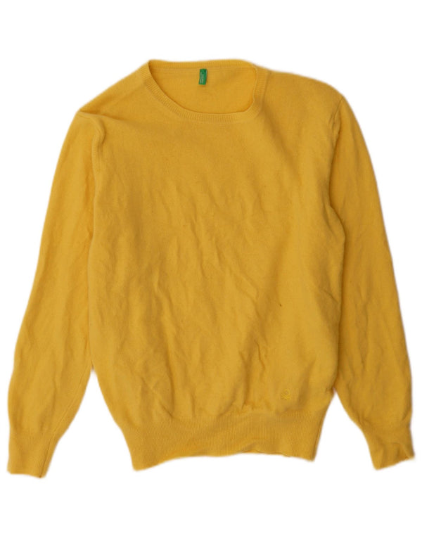 Damski sweter z dekoltem w łódkę Benetton UK 18 XL Żółta dziewicza wełna