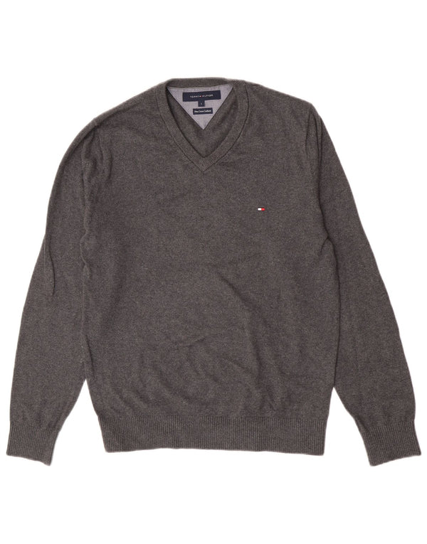 Męski sweter Tommy Hilfiger z dekoltem w kształcie litery V, mały, szary, bawełniany