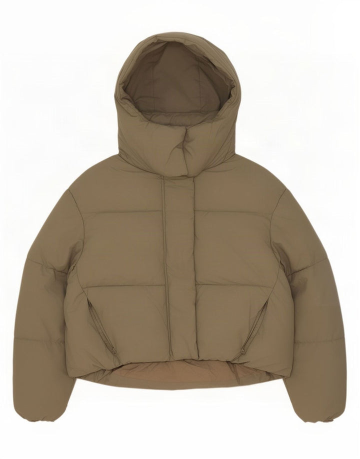 Damska kurtka z kapturem, oversize, wyściełana Zara, UK 6 XS, khaki, poliester