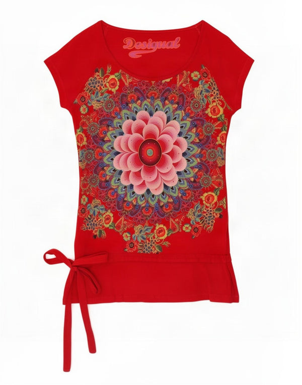 Desigual Womens Graphic T-Shirt Top UK 12 Medium Red Floral Viscose
