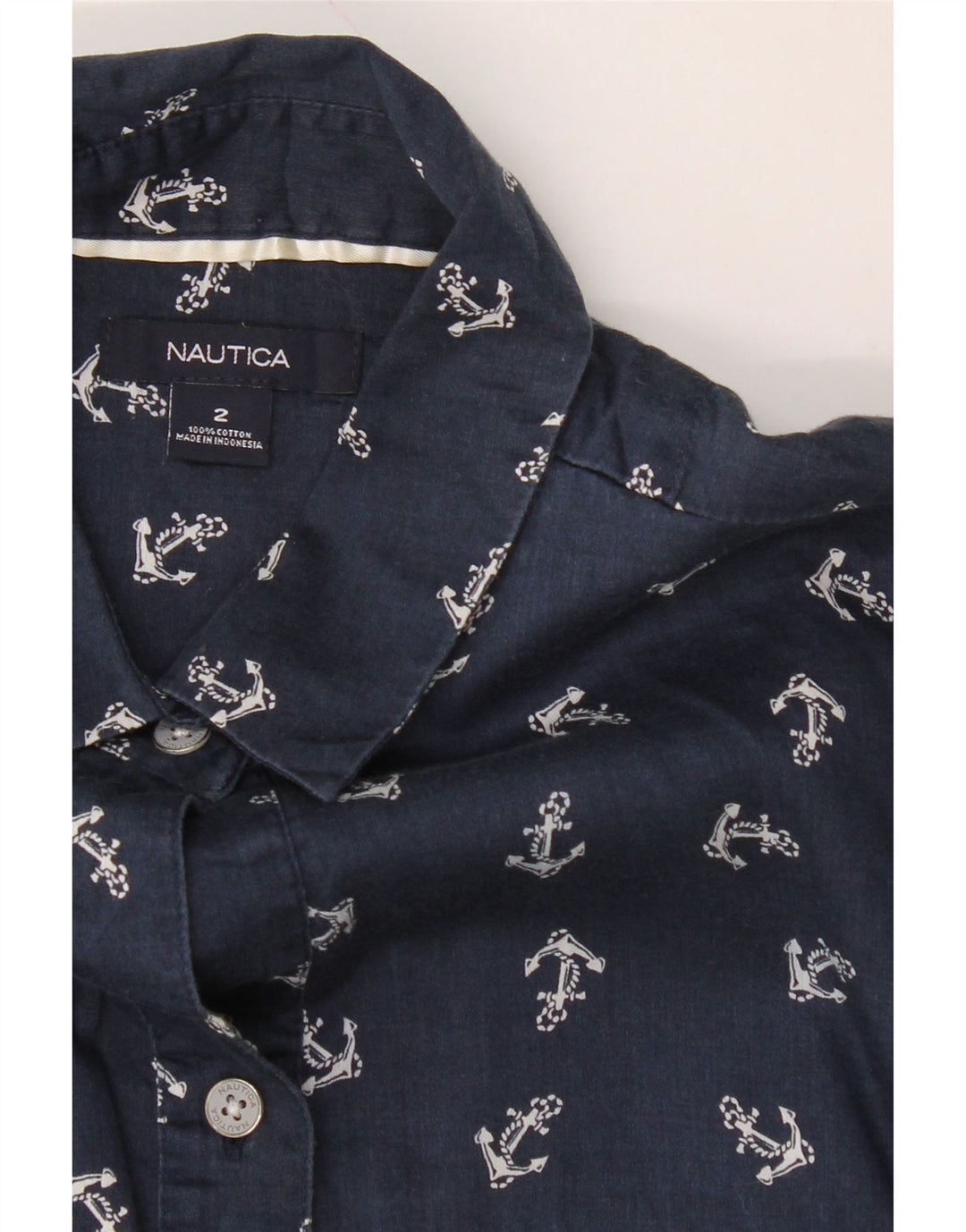 NAUTICA Womens Abstract Pattern Shirt US 2 XS Navy Blue Cotton Vintage Nautica and Second-Hand Nautica from Messina Hembry 