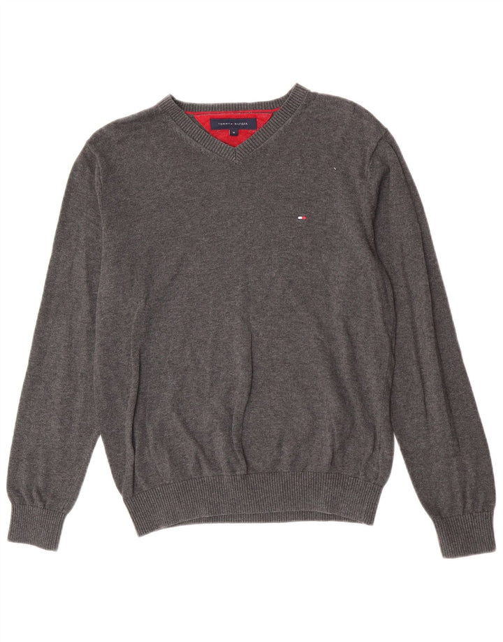 Męski sweter Tommy Hilfiger z dekoltem w kształcie litery V, średnioszary, bawełniany