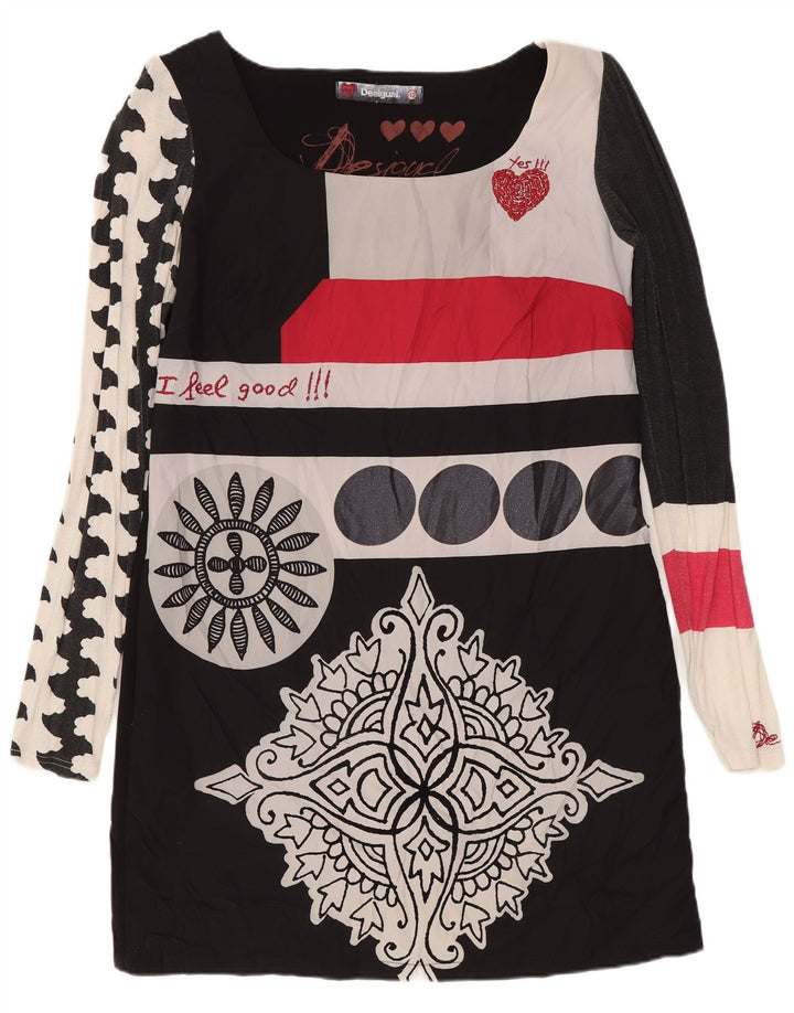 DESIGUAL Damska sukienka z grafiką z długim rękawem, EU 42, duża, czarna w kwiaty