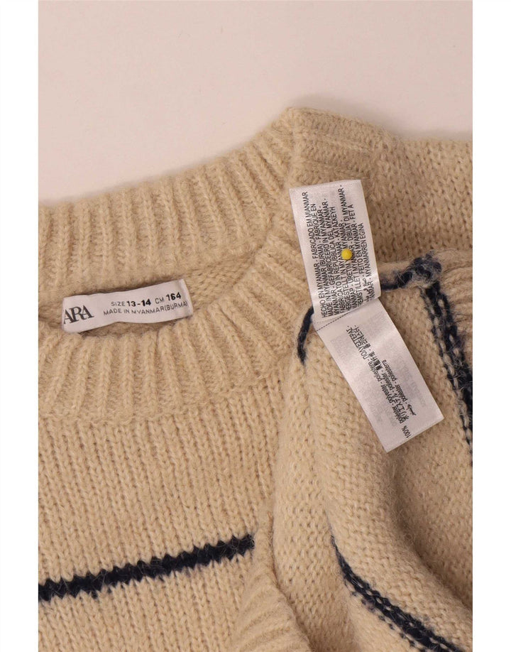 Zara Chłopięcy sweter z okrągłym dekoltem 13-14 lat Beżowy poliester w paski