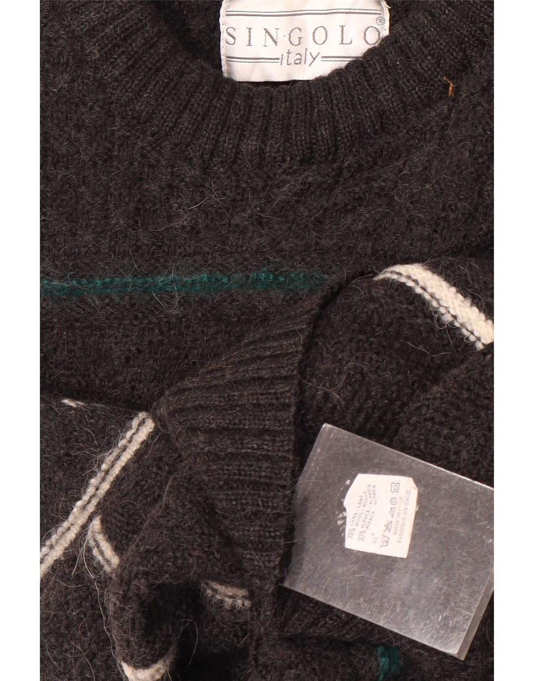 Vintage męski sweter z wycięciem pod szyją, średniej szarej wełny w paski