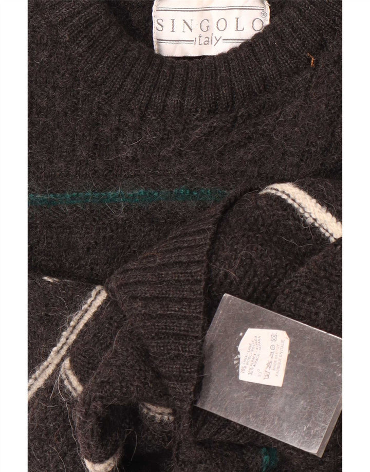 Vintage męski sweter z wycięciem pod szyją, średniej szarej wełny w paski