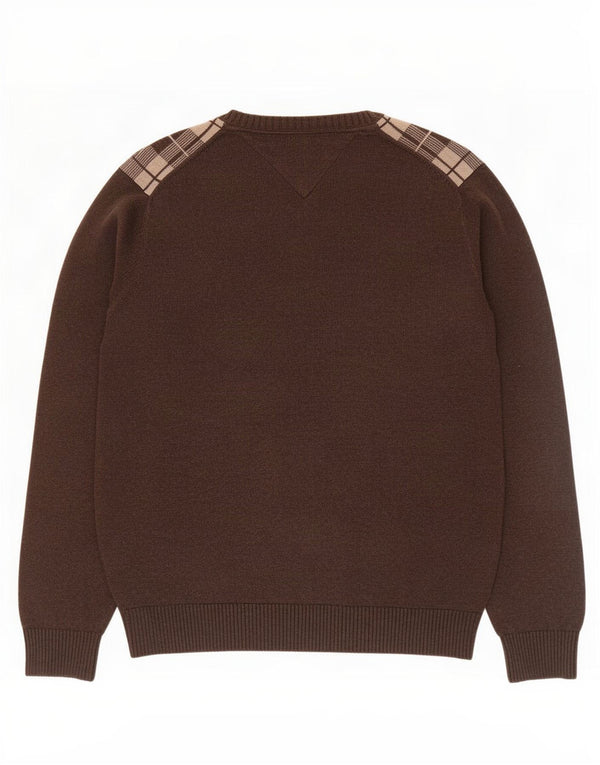 Męski sweter Tommy Hilfiger z dekoltem w kształcie litery V, średniobrązowy, bawełniany w kratkę