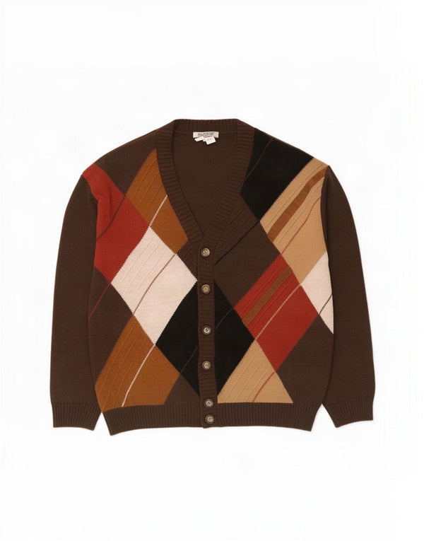 Babista Męski sweter rozpinany UK 42/44 Duży brązowy Argyle/Diamentowy akryl
