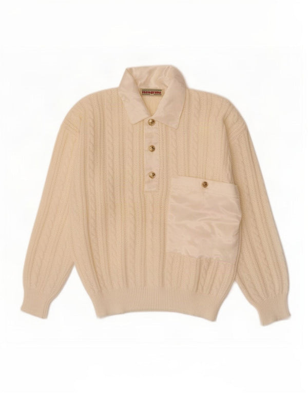 Vintage Womens Polo Neck Jumper Sweater UK 10 Small Off White Cotton
