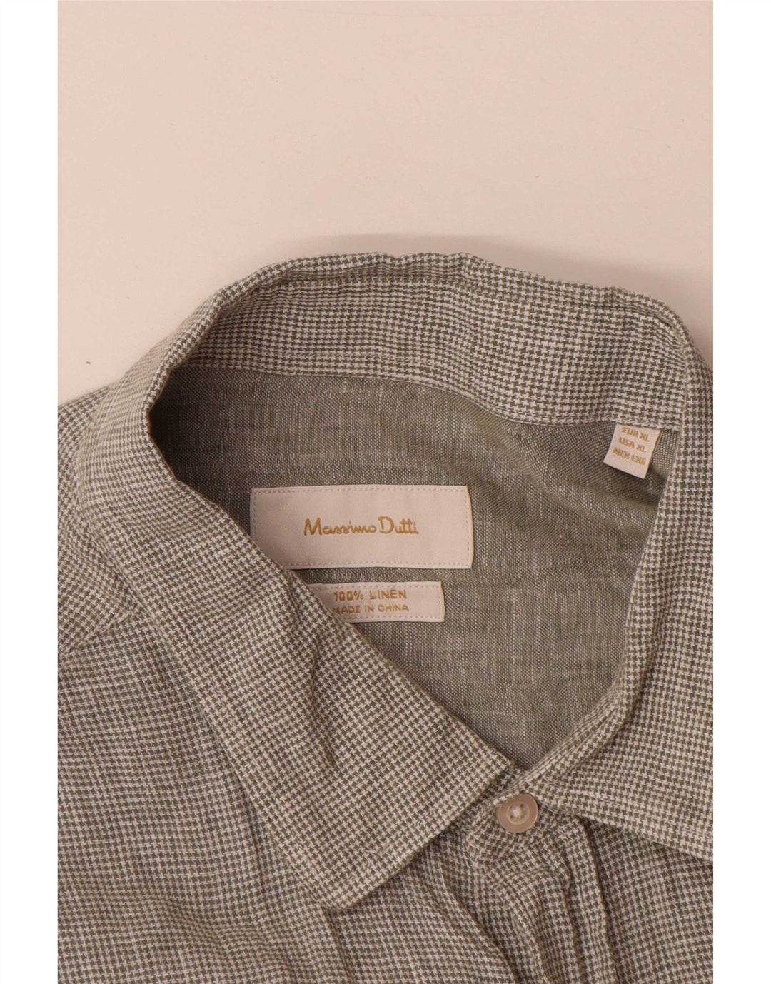 Massimo Dutti Mens Shirt XL Green Houndstooth Linen