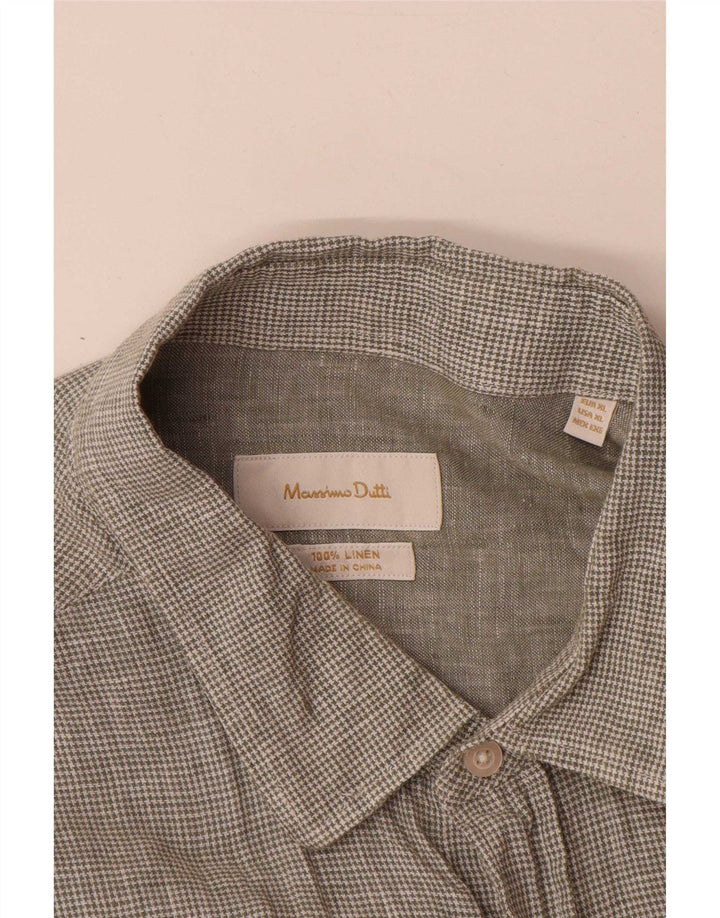 Massimo Dutti Mens Shirt XL Green Houndstooth Linen