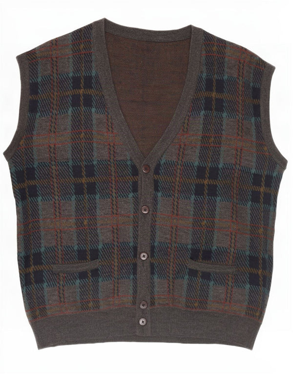 Vintage męski sweter bez rękawów IT 54 XL szara wełniana kratka