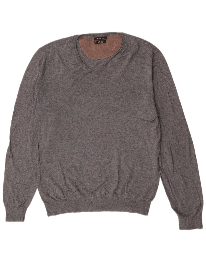 Męski sweter Massimo Dutti z dekoltem w kształcie litery V, duży, szary, bawełniany klasyk