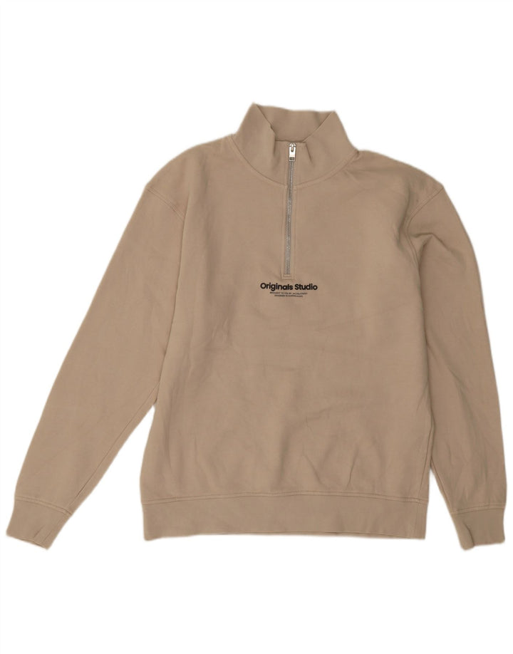 Męski sweter Jack & Jones z grafiką i zamkiem błyskawicznym, średnio beżowy, bawełniany
