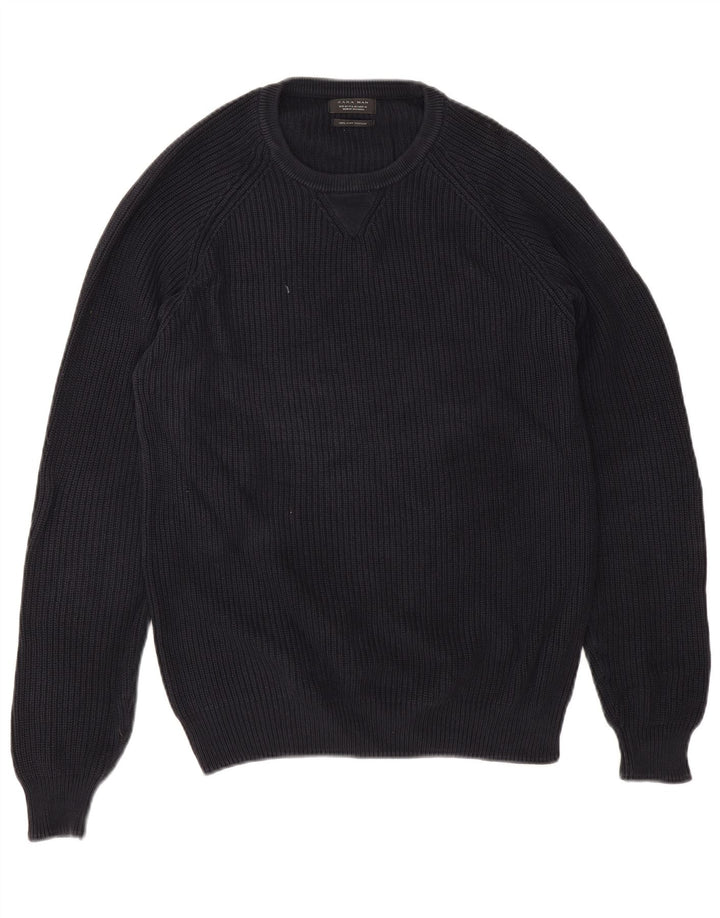 Męski sweter z okrągłym dekoltem Zara, średni granatowy, bawełniany