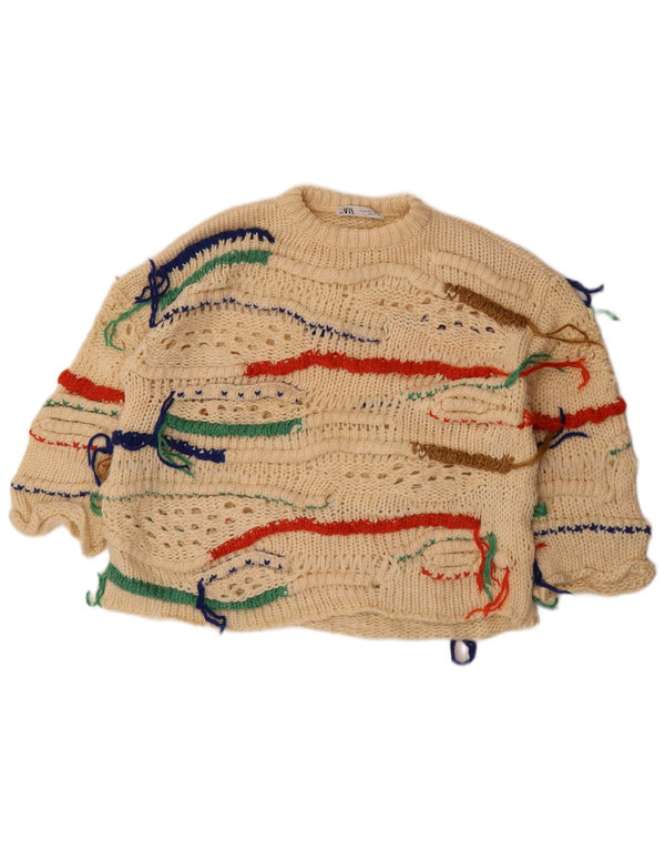 Zara Womens 3/4 Sleeve Crew Neck Jumper Sweater UK 6 XS Beige Striped