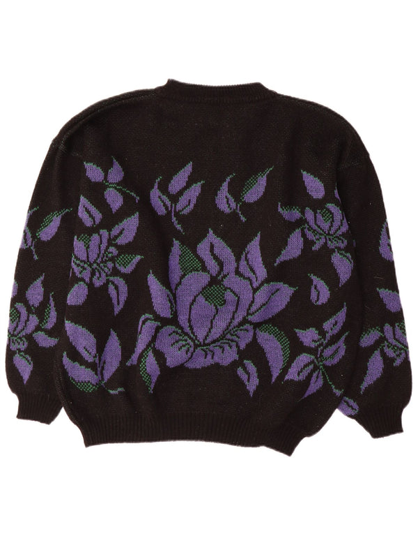 Sweter damski w stylu vintage z golfem UK 14, duży, czarny w kwiaty