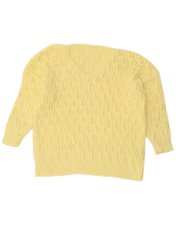 Sweter damski w stylu vintage z rękawem 3/4 i dekoltem w szpic UK 16, duży żółty