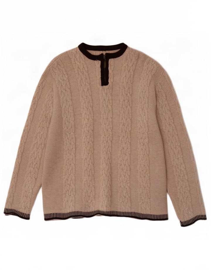 Vintage męski sweter z zamkiem błyskawicznym, duży, beżowy, wełniany blok kolorów