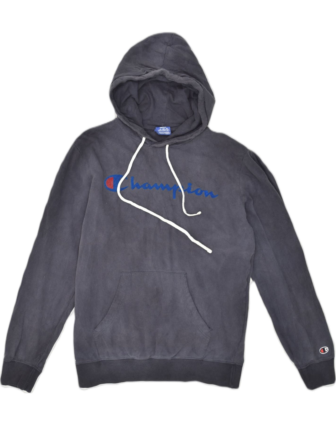 CHAMPION Mens Graphic Hoodie Jumper Small Navy Blue Cotton | Vintage Champion | Thrift | Second-Hand Champion | Used Clothing | Messina Hembry 