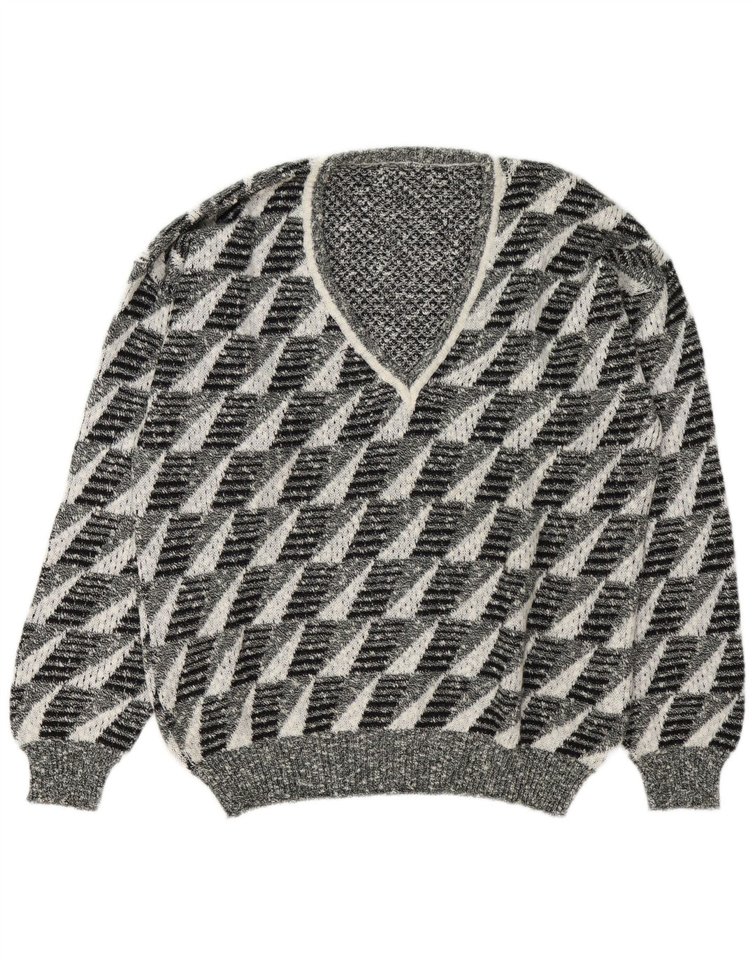 Męski sweter w stylu vintage z dekoltem w szpic, duży, szary, geometryczny