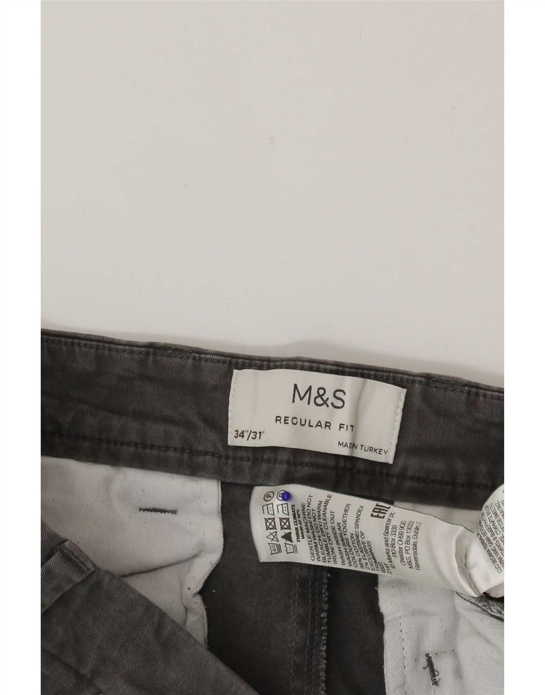 Męskie spodnie chino o regularnym kroju Marks & Spencer W34 L31 Szara bawełna
