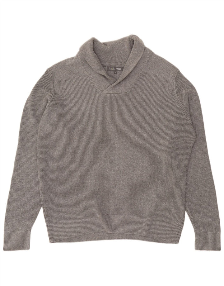 Marks & Spencer Męski sweter z szalowym dekoltem, duży, szary, bawełniany