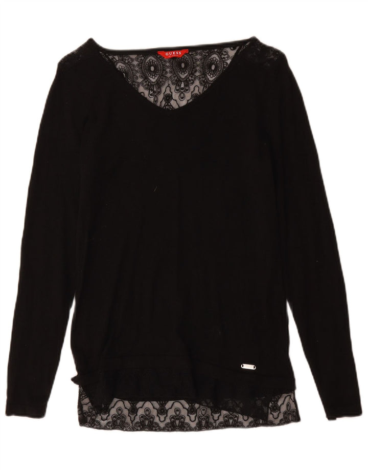 Guess Top damski z długim rękawem UK 10, mały, czarny w kwiaty