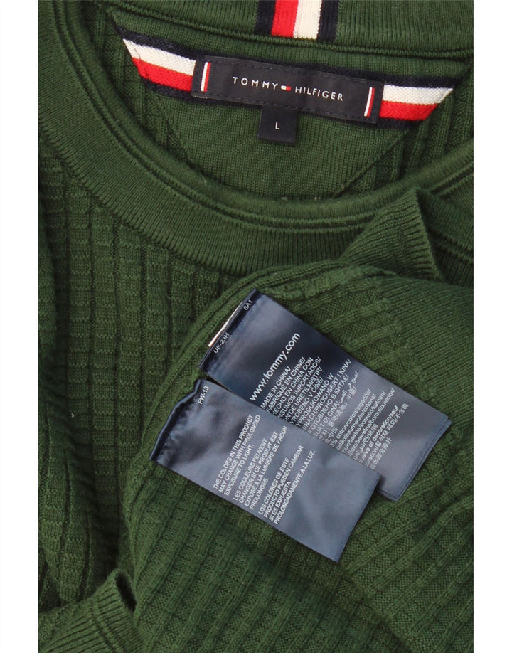 Męski sweter z okrągłym dekoltem TOMMY HILFIGER, duży, zielony, bawełniany