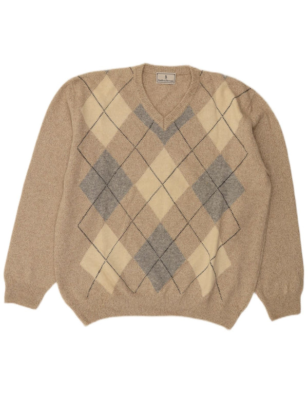 Sweter męski w stylu vintage z dekoltem w kształcie litery V, 2XL, beżowy Argyle/diamentowa wełna owcza