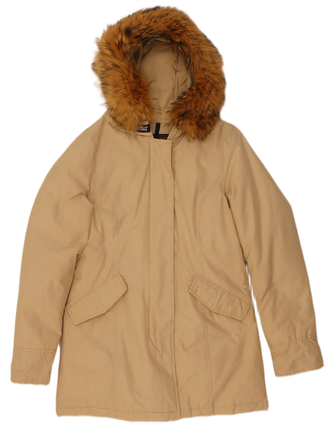 Damski ocieplany płaszcz z kapturem Woolrich UK 14, średni beż, bawełna