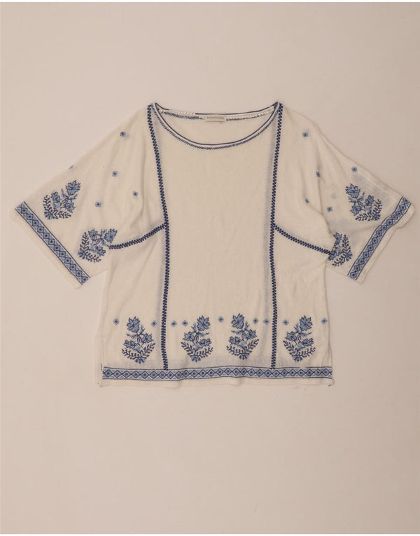 Damska bluzka MONSOON UK 16, duża, z lnu w kwiaty w kolorze złamanej bieli