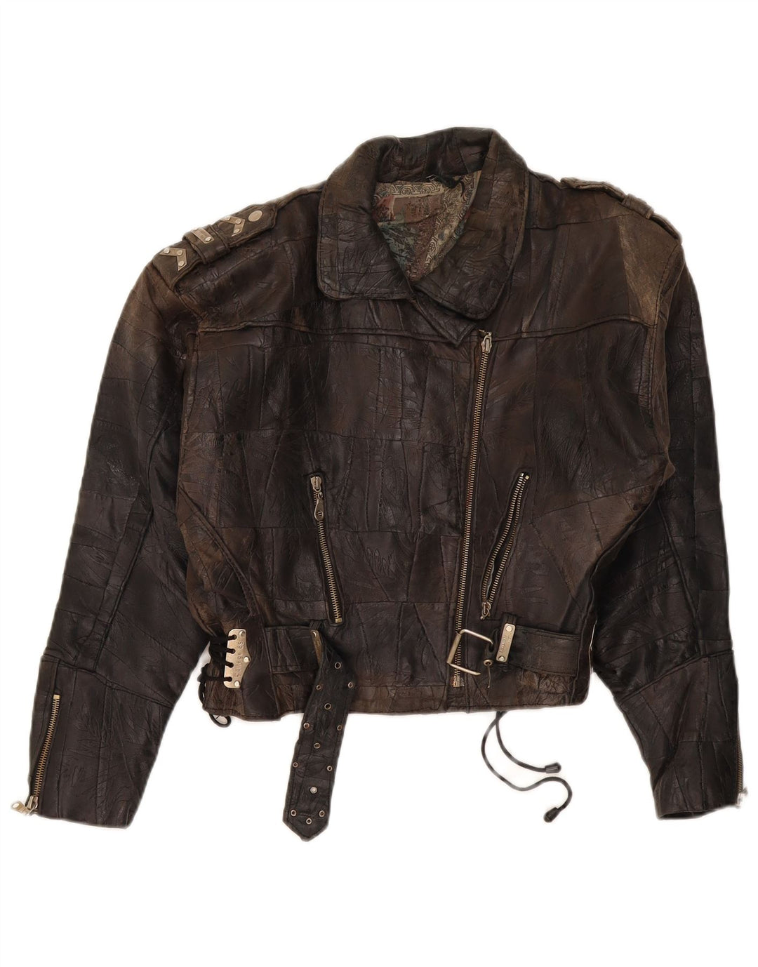 DR MARTENS Womens Crop Leather Biker Jacket UK 18 XL Brown Patchwork