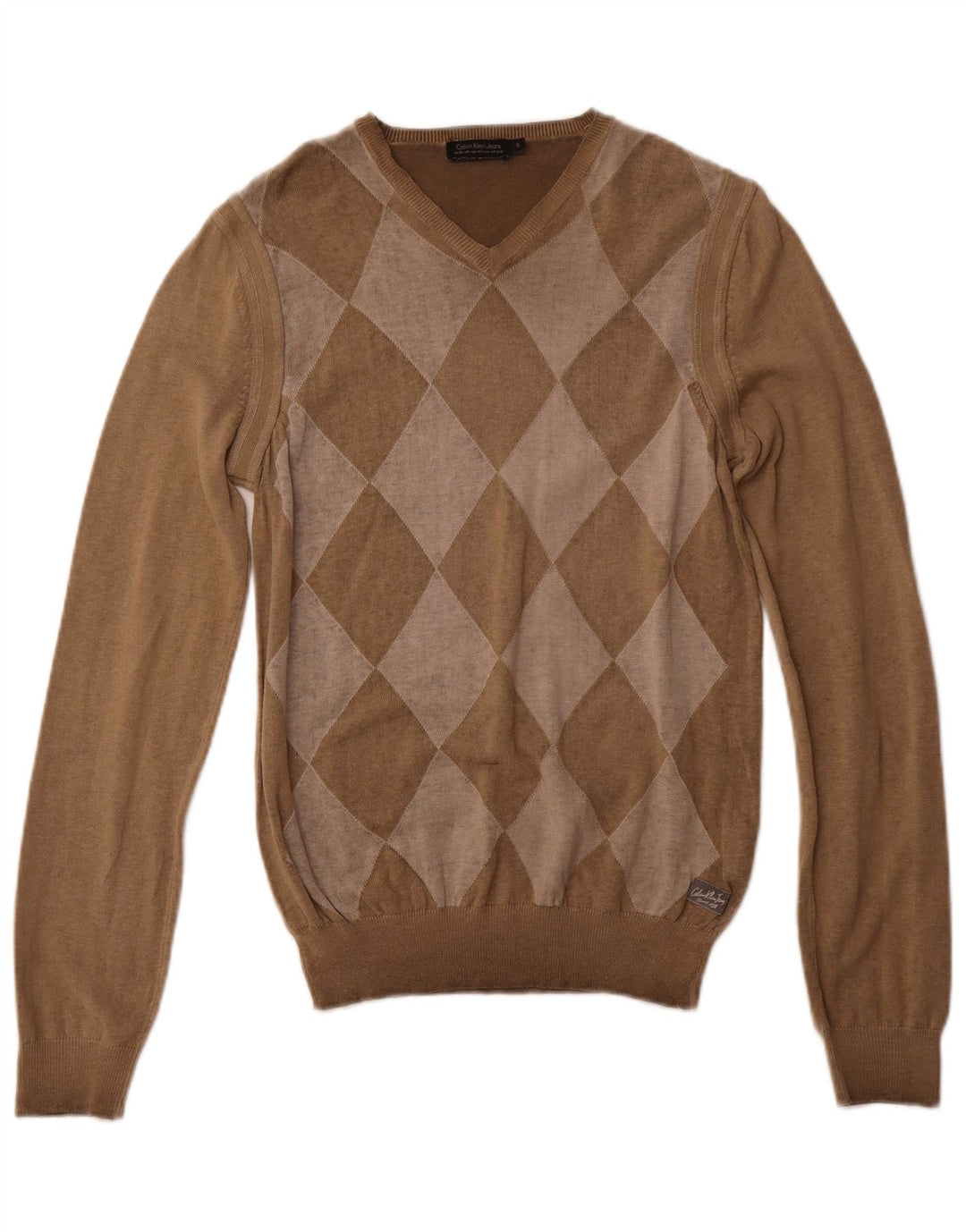 CALVIN KLEIN JEANS Męski sweter z dekoltem w kształcie litery V, mały, brązowy Argyle/Diament