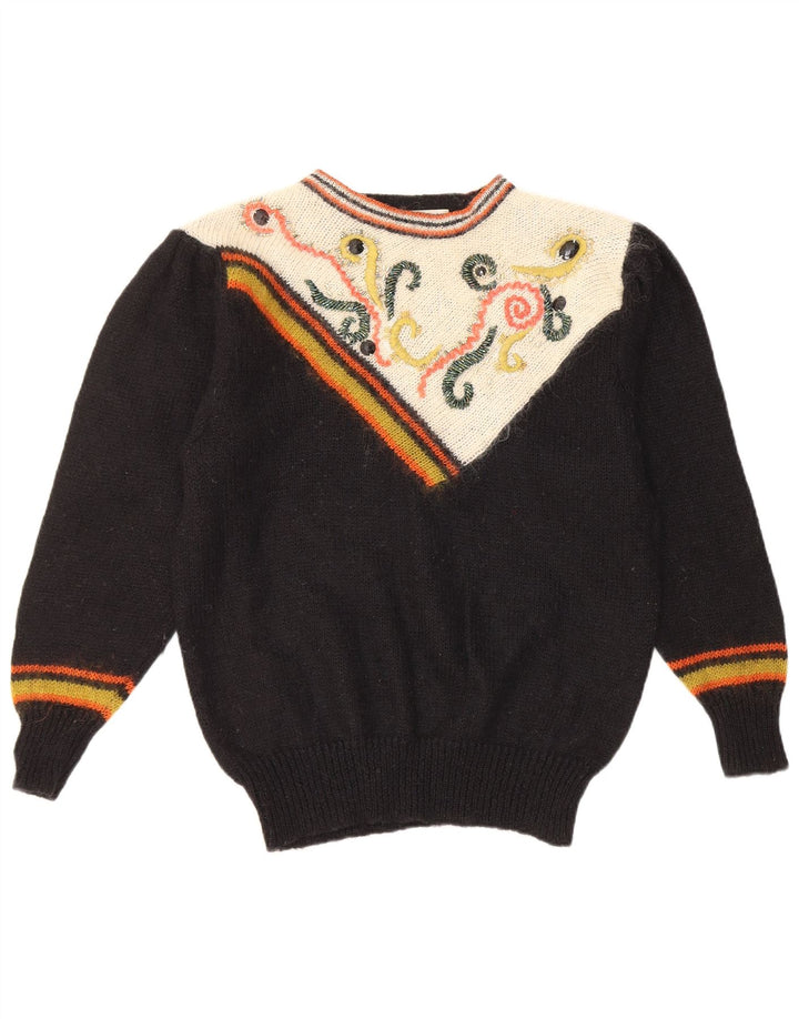 Sweter damski w stylu vintage z okrągłym dekoltem UK 14, średni czarny geometryczny