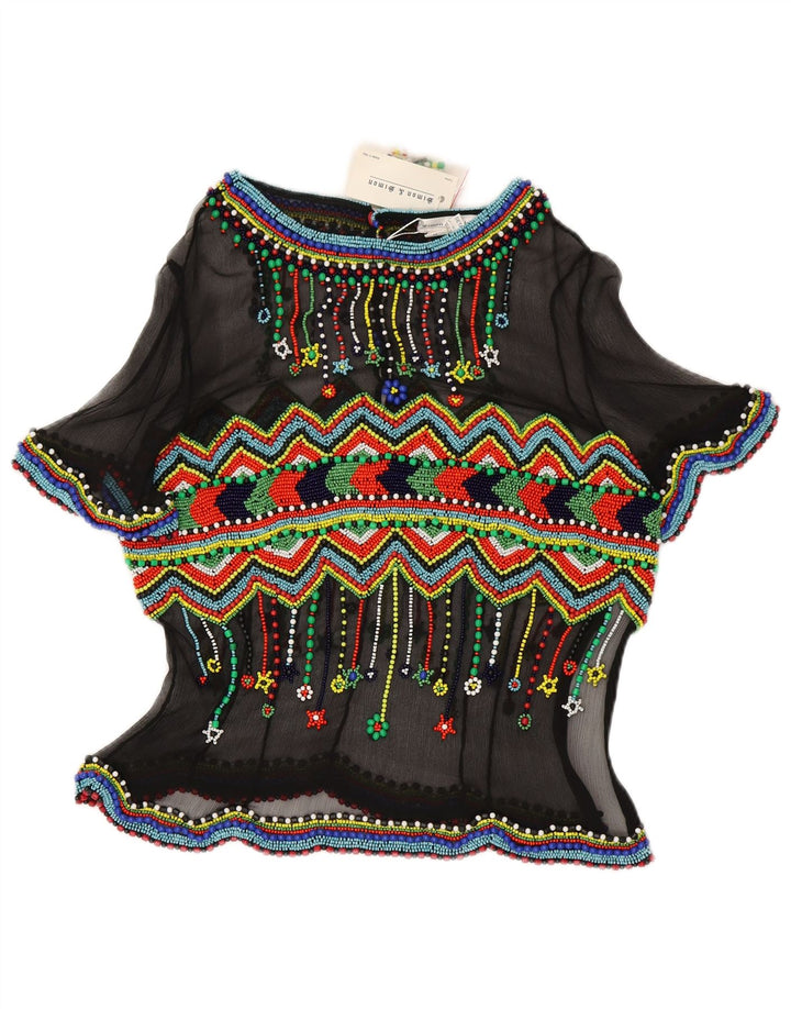 Vintage damska prześwitująca bluzka Top IT 48 XL Czarny geometryczny jedwab