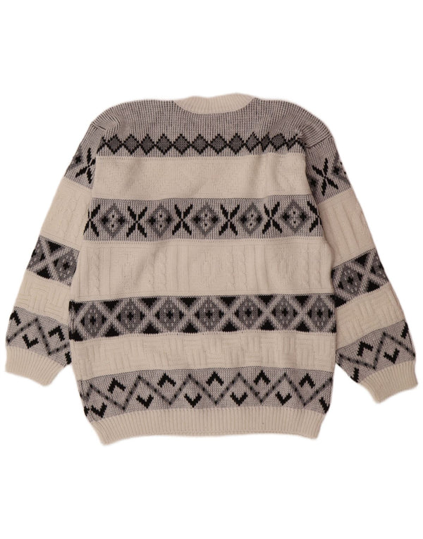 Męski sweter z okrągłym dekoltem w stylu vintage, duży, biały Fair Isle